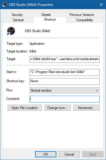 Flag added to OBS shortcut correctly